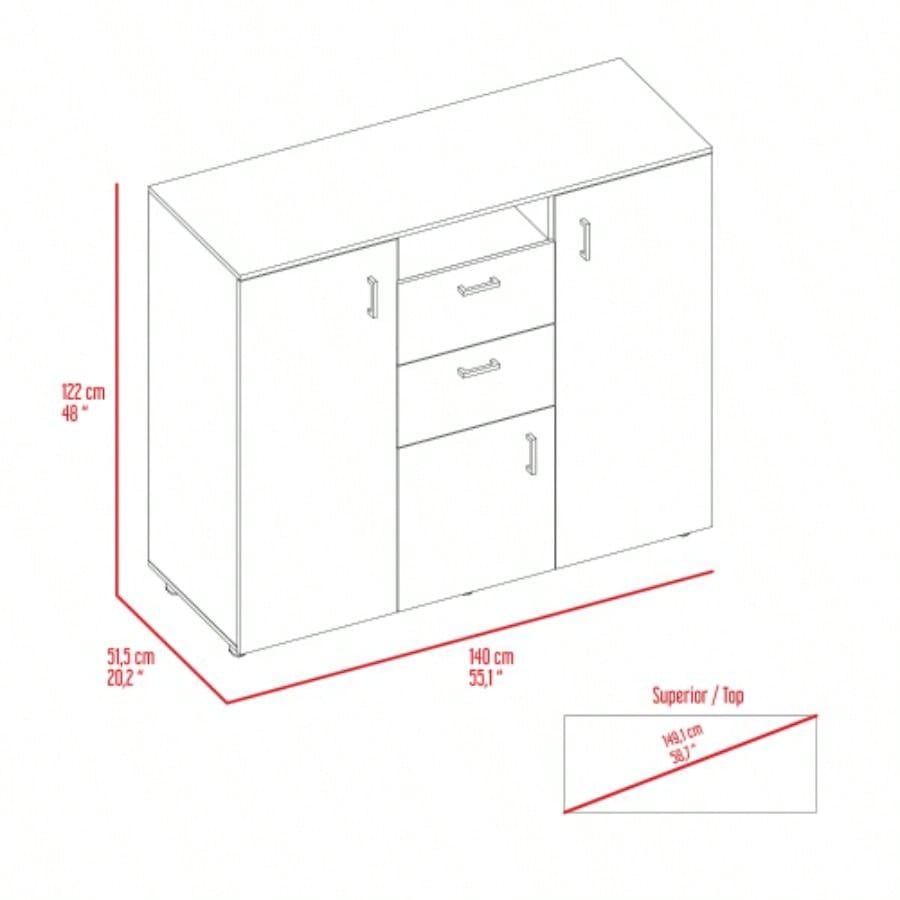 Cabinet Dresser 48H, Two Drawers, 3 Door, Four Interior Shelves, Rod, Black