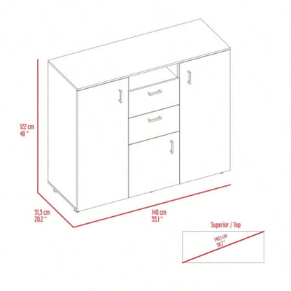 Cabinet Dresser 48H, Two Drawers, 3 Door, Four Interior Shelves, Rod, Black