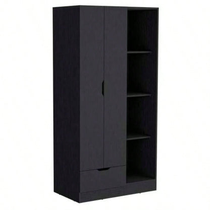 Armoire 71H with 1 - Drawer and 4 - Tier Open Shelves, 2 Doors, Black