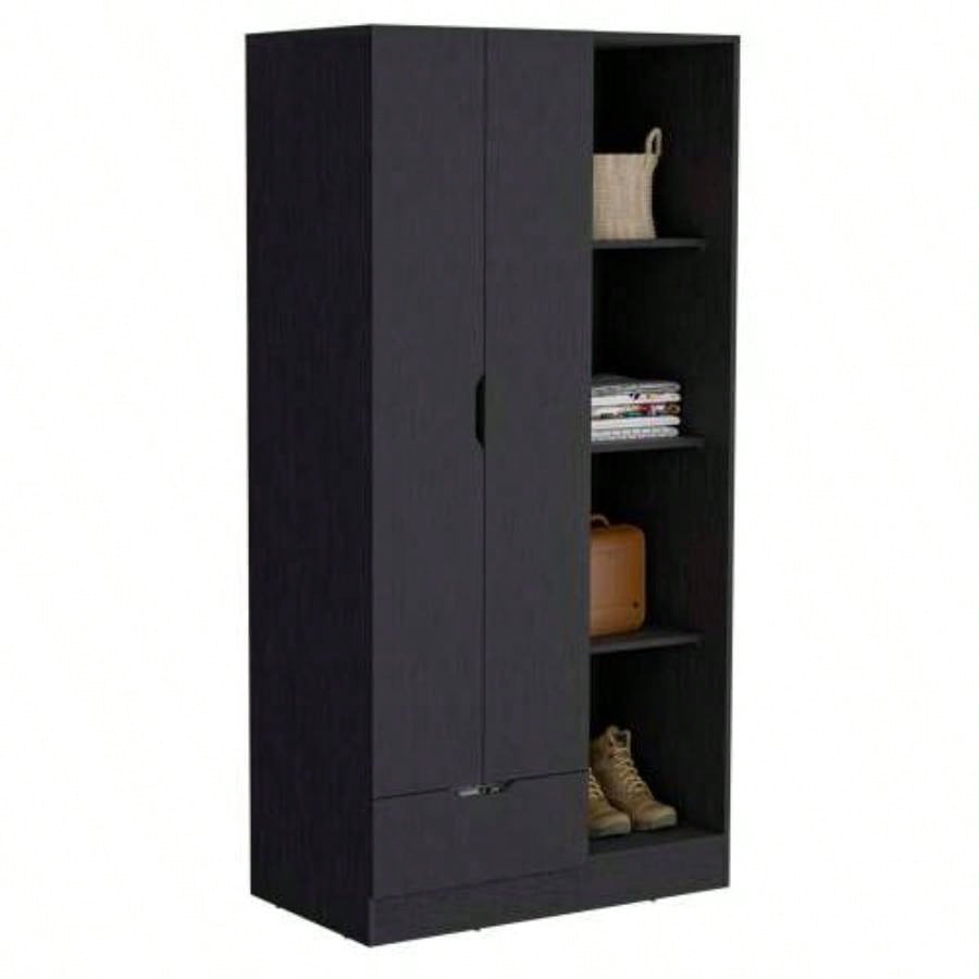 Armoire 71H with 1 - Drawer and 4 - Tier Open Shelves, 2 Doors, Black