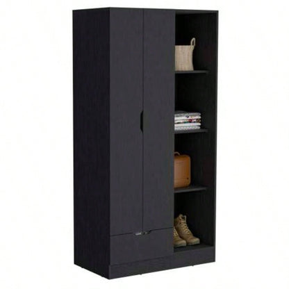 Armoire 71H with 1 - Drawer and 4 - Tier Open Shelves, 2 Doors, Black