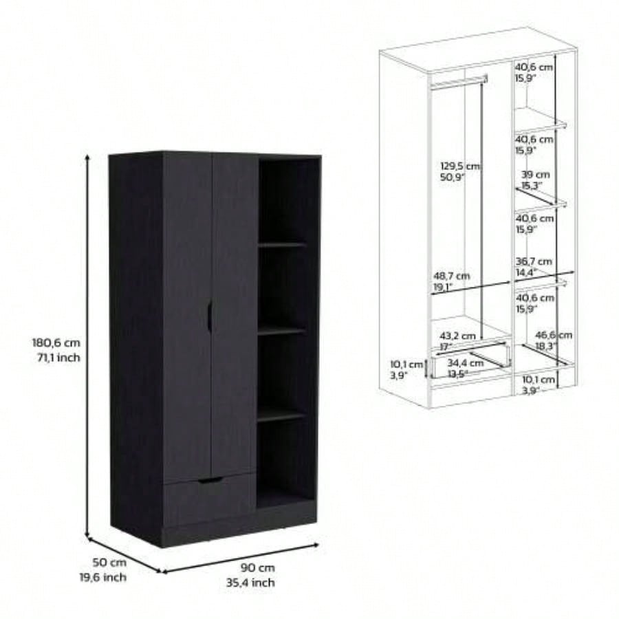 Armoire 71H with 1 - Drawer and 4 - Tier Open Shelves, 2 Doors, Black