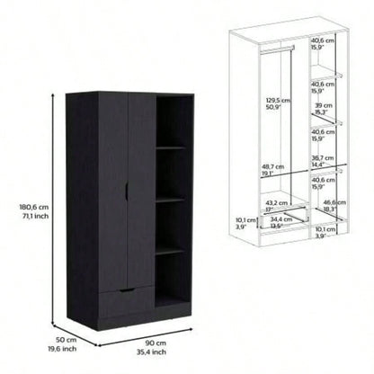 Armoire 71H with 1 - Drawer and 4 - Tier Open Shelves, 2 Doors, Black