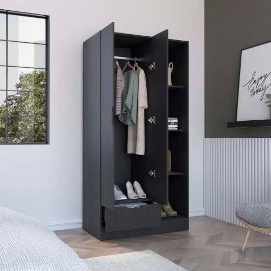 Armoire 71H with 1 - Drawer and 4 - Tier Open Shelves, 2 Doors, Black