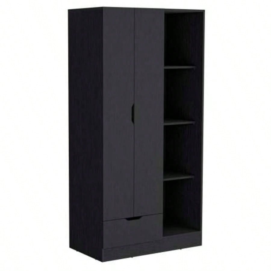 Armoire 71H with 1 - Drawer and 4 - Tier Open Shelves, 2 Doors, Black