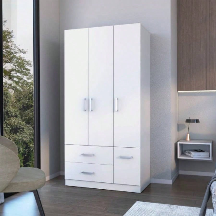 Douglas Armoire in melamine, two drawers, hanging rod and 4 doors.
