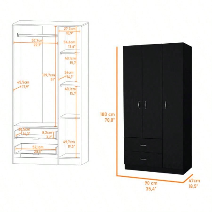 Eureka Three Door Armoire, Two Drawers, Rod