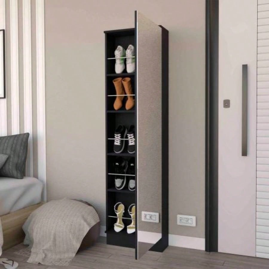 Ruan XL Shoe Rack, Mirror, Five Interior Shelves, Single Door Cabinet