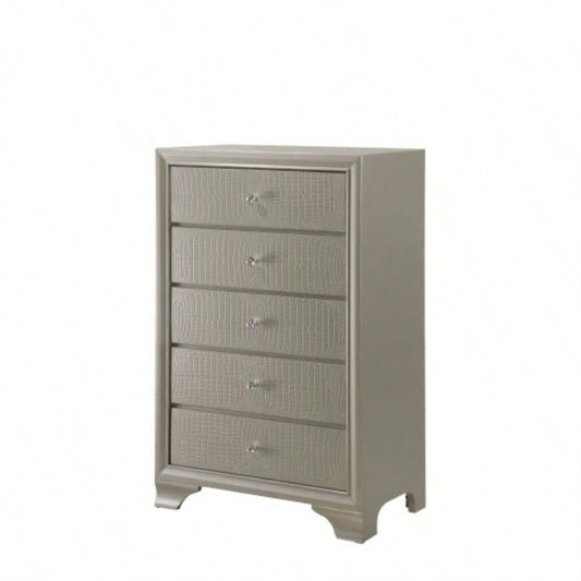 1pc Modern Glam Style Champagne Glam Five Drawer Chest Embossed Pattern Wooden Bedroom Furniture