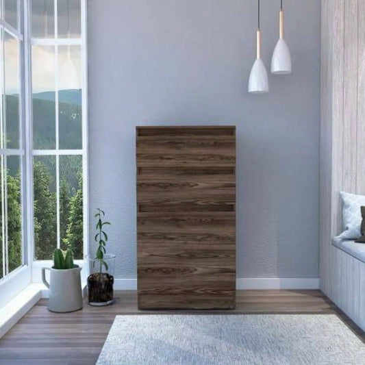 Dresser 43H, Jewelry Box, Mirror, Single Door Cabinet, Two Drawers, Dark Walnut