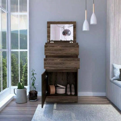 Dresser 43H, Jewelry Box, Mirror, Single Door Cabinet, Two Drawers, Dark Walnut