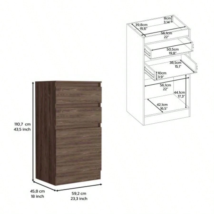Dresser 43H, Jewelry Box, Mirror, Single Door Cabinet, Two Drawers, Dark Walnut