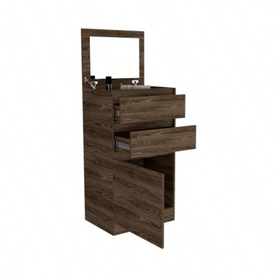 Dresser 43H, Jewelry Box, Mirror, Single Door Cabinet, Two Drawers, Dark Walnut