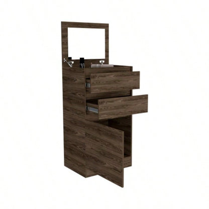 Dresser 43H, Jewelry Box, Mirror, Single Door Cabinet, Two Drawers, Dark Walnut