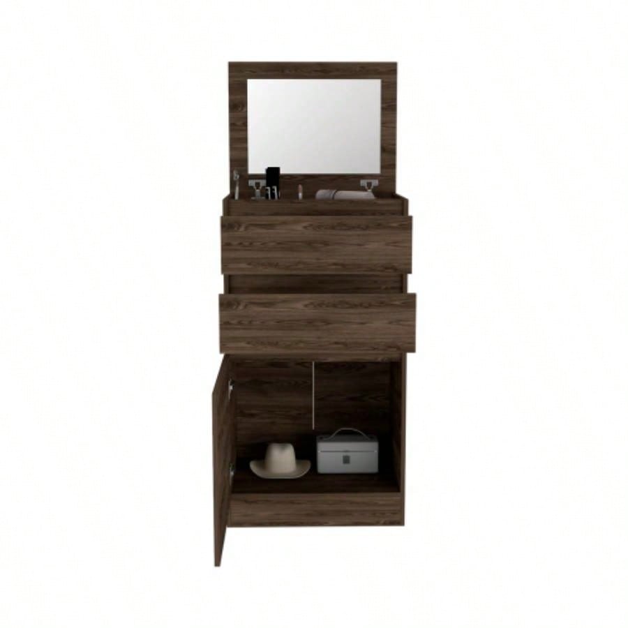 Dresser 43H, Jewelry Box, Mirror, Single Door Cabinet, Two Drawers, Dark Walnut