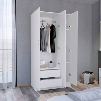Wardrobe Armoire 71H with 3 - Doors and 2 - Inner Drawers, 3 Doors, White