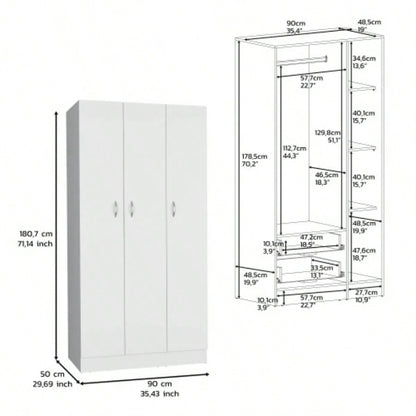 Wardrobe Armoire 71H with 3 - Doors and 2 - Inner Drawers, 3 Doors, White
