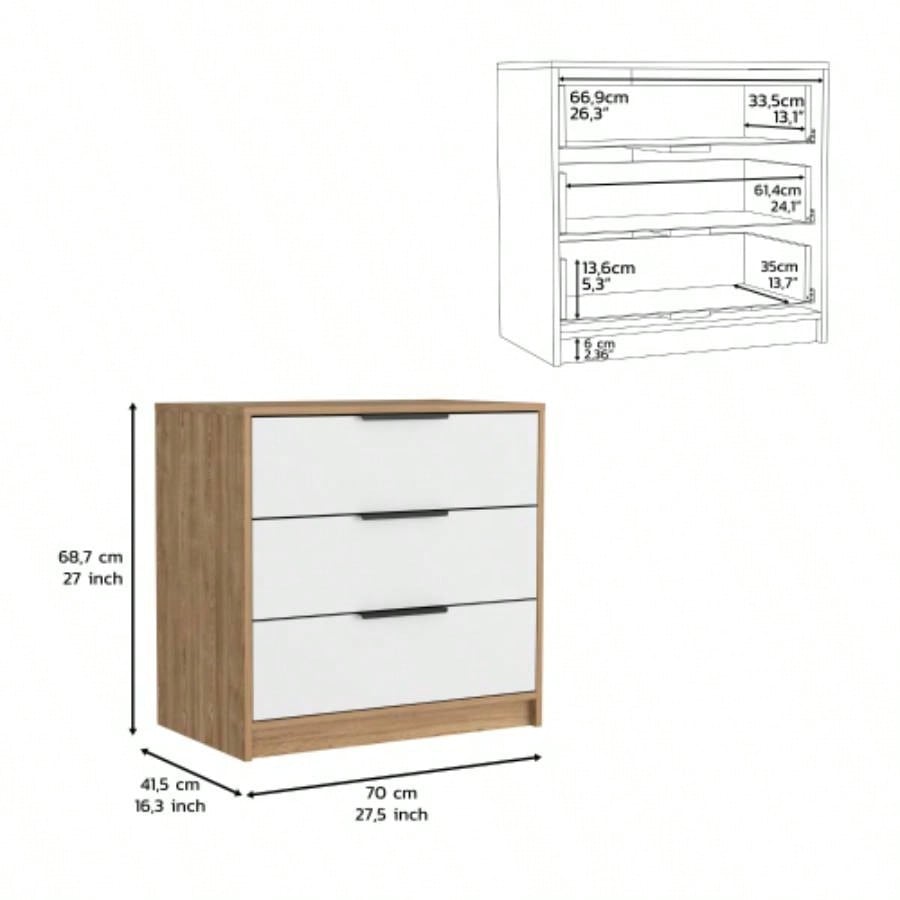 Dresser 27H, 3 Drawers Dresser, Superior Top, White/ Light Oak