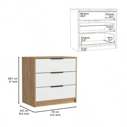 Dresser 27H, 3 Drawers Dresser, Superior Top, White/ Light Oak