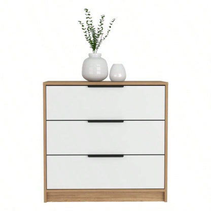 Dresser 27H, 3 Drawers Dresser, Superior Top, White/ Light Oak