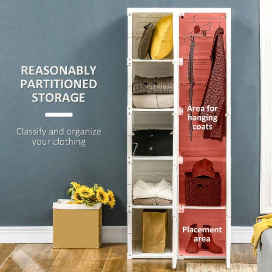 HOMCOM Portable Wardrobe Closet, Folding Bedroom Armoire, Clothes Storage Organizer with 8 Cube Compartments, Hanging Rod, Magnet Doors, White