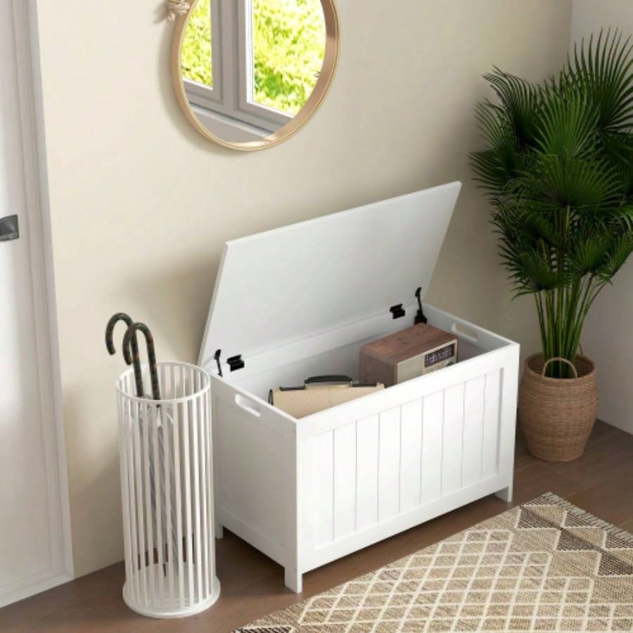 HOMCOM 29.9 Storage Chest/ 2 Safety Hinges, Wooden Box, White