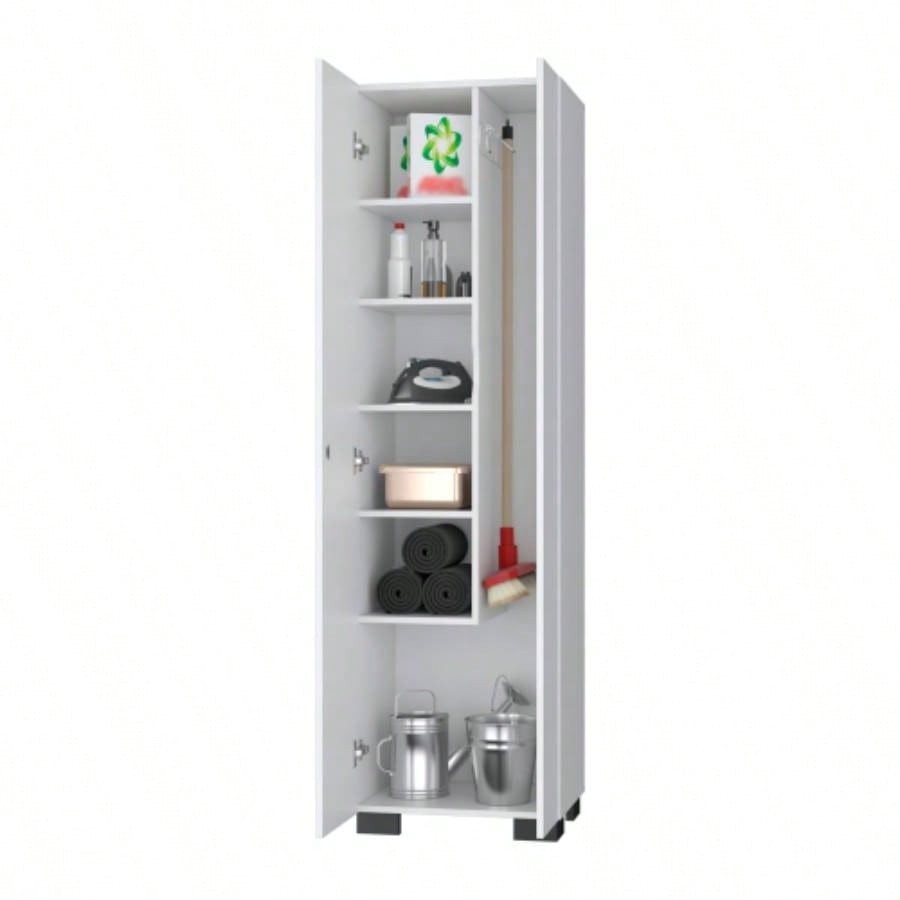 FM FURNITURE Aiken Broom Cabinet with Storage Shelves and Broom Hangers, White