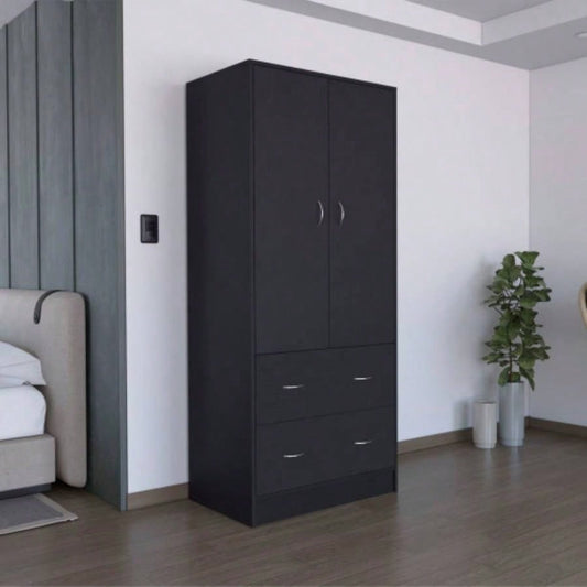 71 H Armoire with Two Doors, Two Drawers, and Hanging Rod, Black