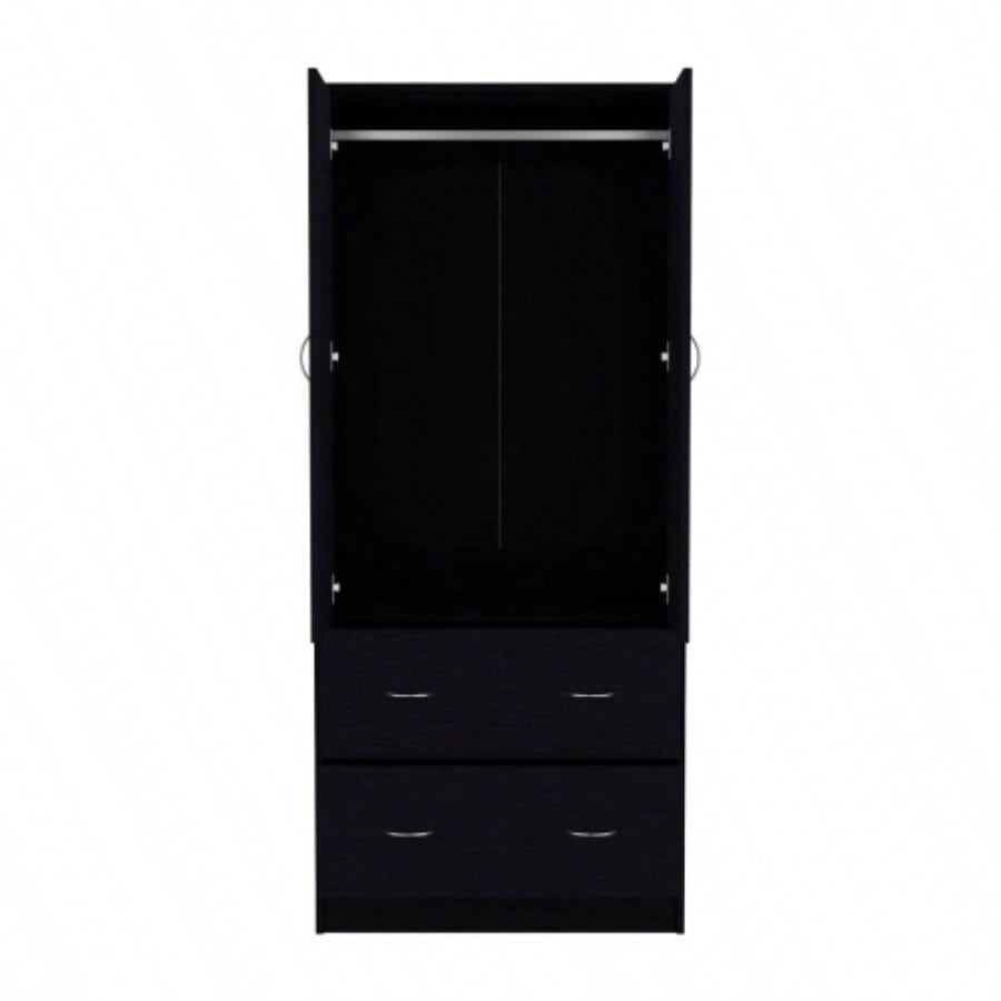 71 H Armoire with Two Doors, Two Drawers, and Hanging Rod, Black