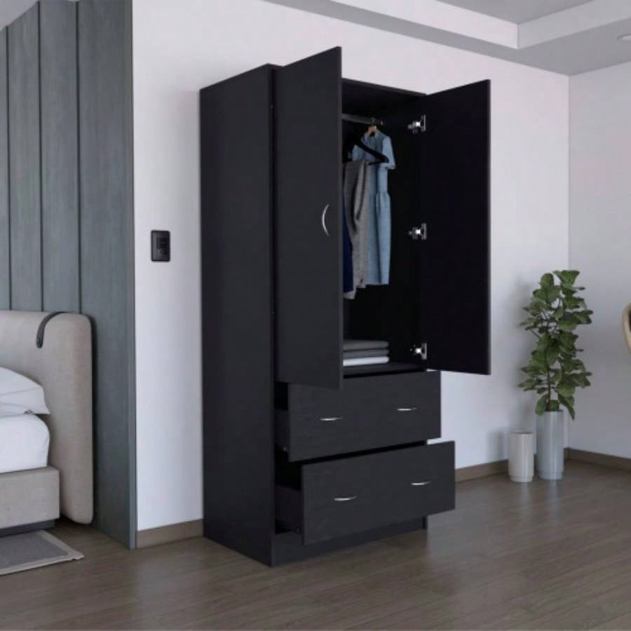 71 H Armoire with Two Doors, Two Drawers, and Hanging Rod, Black