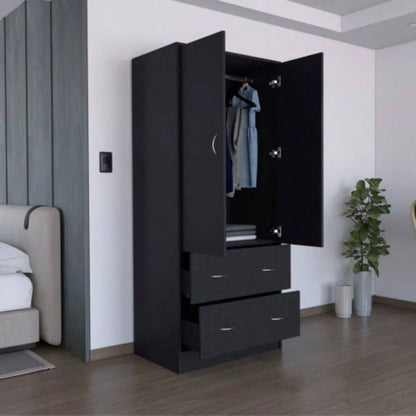 71 H Armoire with Two Doors, Two Drawers, and Hanging Rod, Black