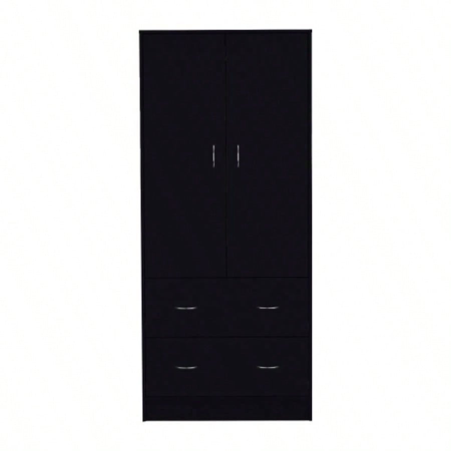 71 H Armoire with Two Doors, Two Drawers, and Hanging Rod, Black