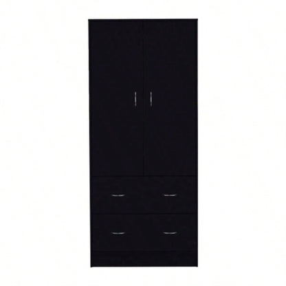 71 H Armoire with Two Doors, Two Drawers, and Hanging Rod, Black