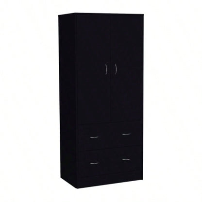 71 H Armoire with Two Doors, Two Drawers, and Hanging Rod, Black
