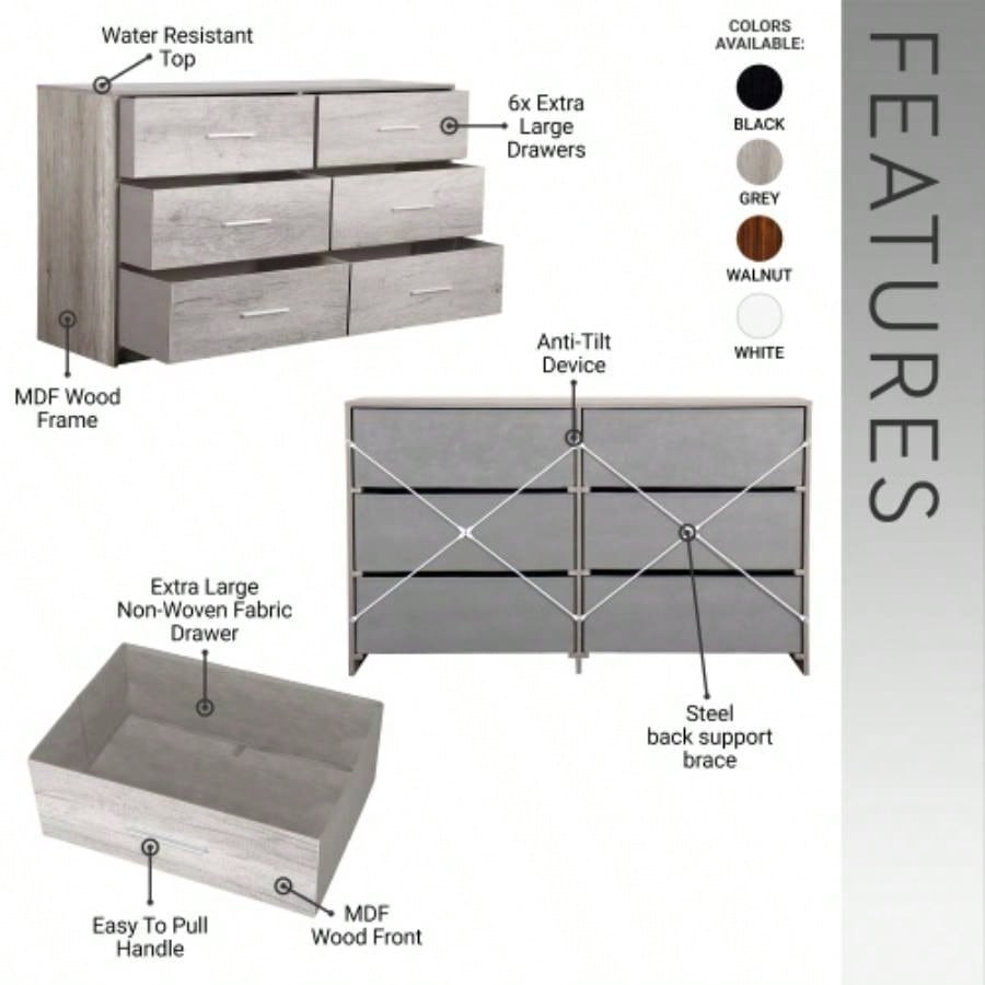 6 - Drawer Dresser with Large Fabric Drawers,