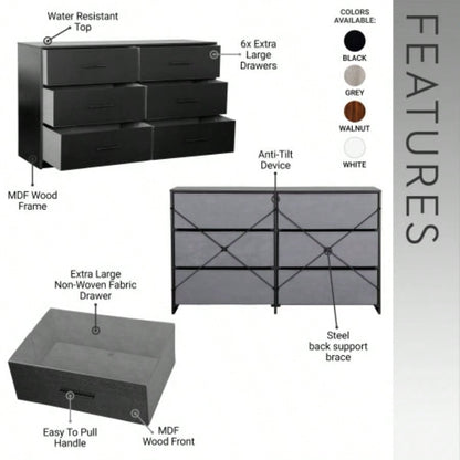 6 - Drawer Dresser with Large Fabric Drawers, Black