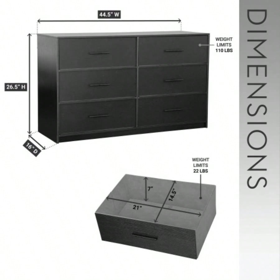 6 - Drawer Dresser with Large Fabric Drawers, Black