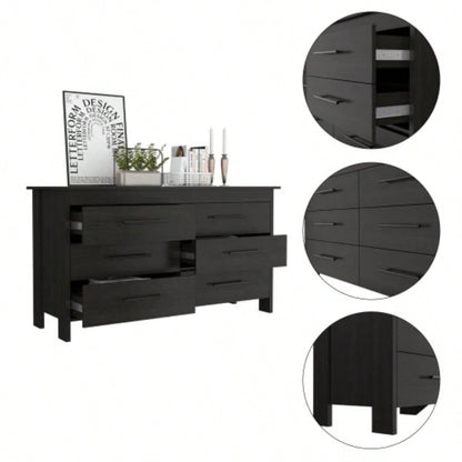 Double Dresser, Four, 6 Drawer, Superior Top, Black