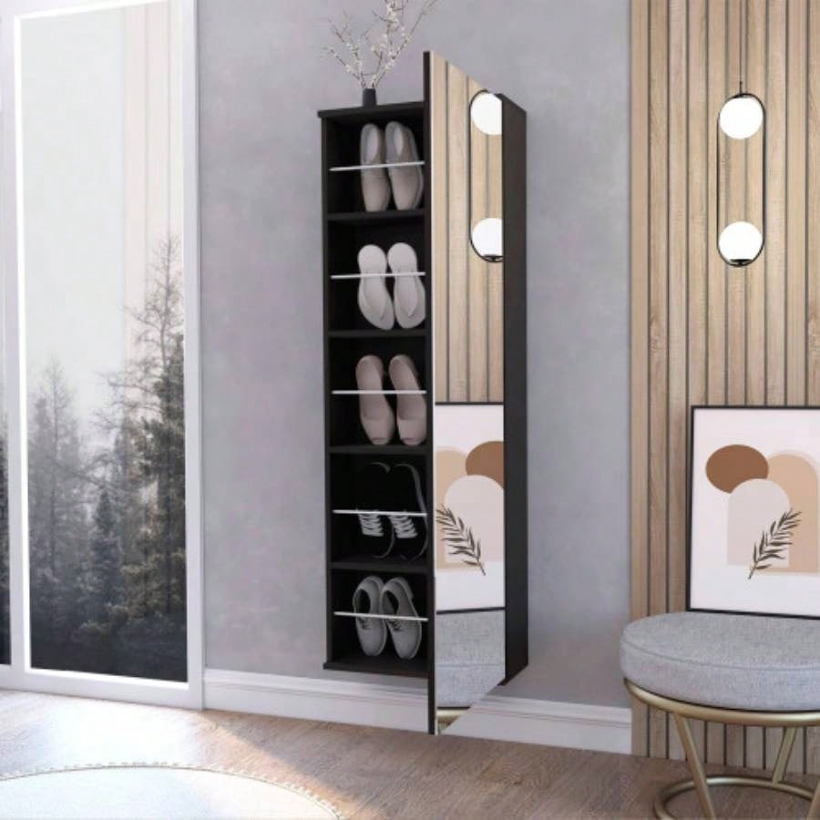 Wall Mounted Shoe Rack, Mirror, Five Shelves, Ten Shoes Capacity