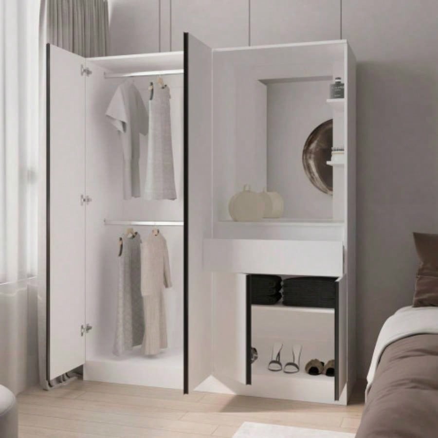 CaneMulti - Functional Wardrobe with Vanity Mirror and Storage, White