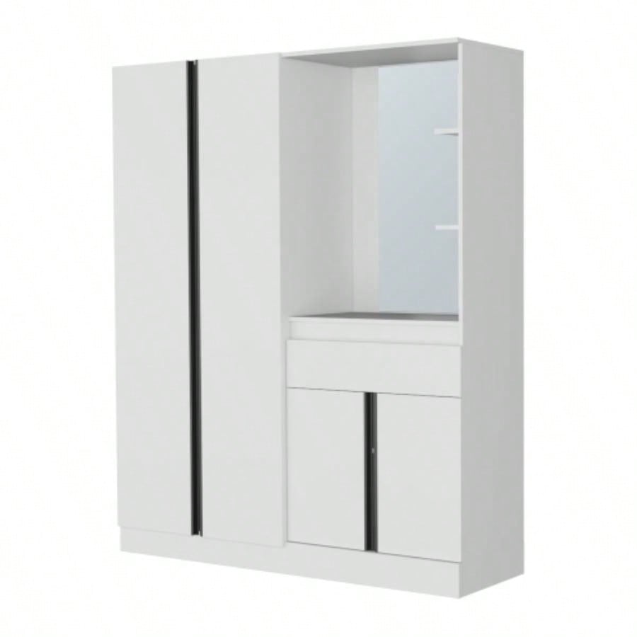 CaneMulti - Functional Wardrobe with Vanity Mirror and Storage, White