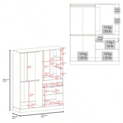CaneMulti - Functional Wardrobe with Vanity Mirror and Storage, White