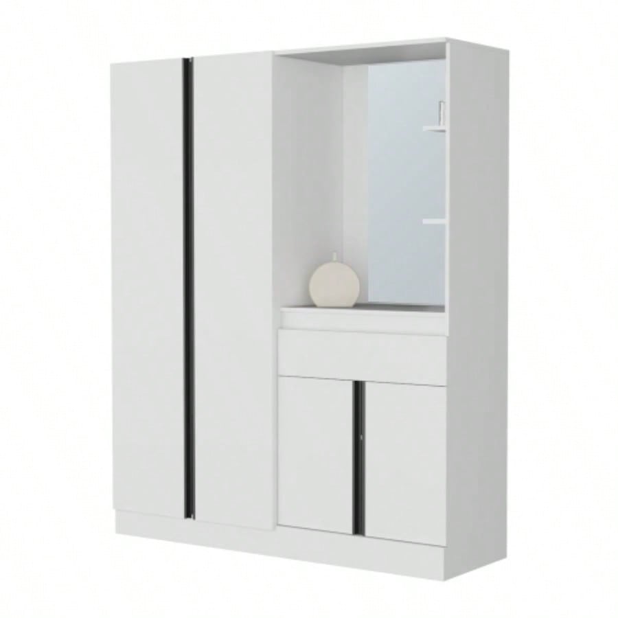 CaneMulti - Functional Wardrobe with Vanity Mirror and Storage, White