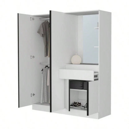 CaneMulti - Functional Wardrobe with Vanity Mirror and Storage, White