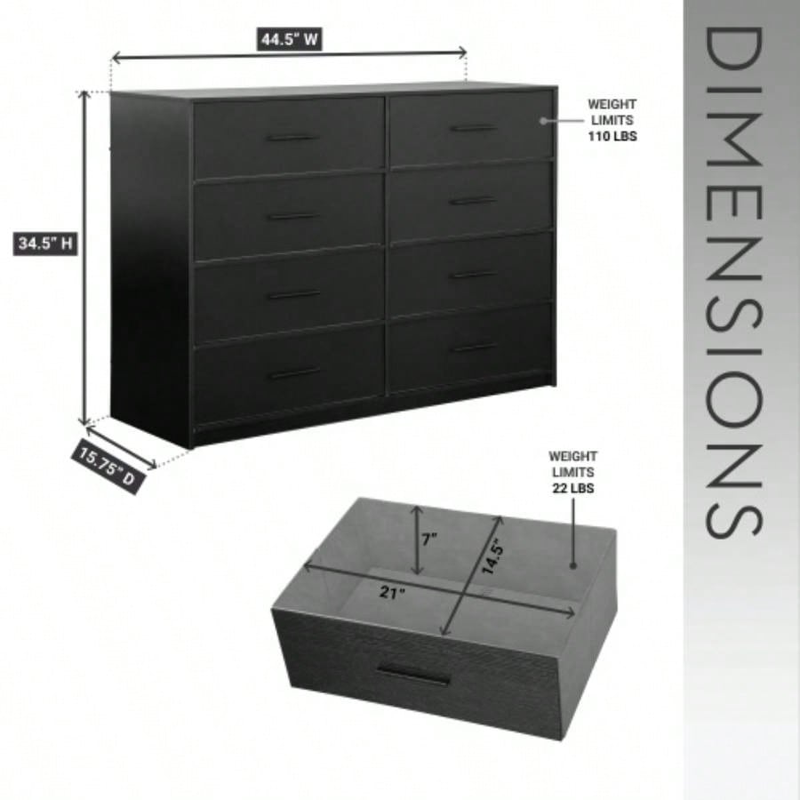 8 - Drawer Dresser with Large Fabric Drawers, Black