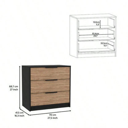 Dresser 27H, 3 Drawers Dresser, Superior Top, Black/ Light Oak