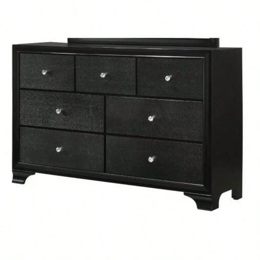 1pc Modern Glam Style Black Glam Seven Drawer Dresser Embossed Pattern Wooden Bedroom Furniture