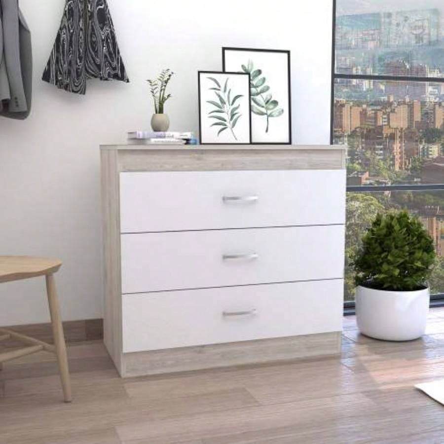 Dresser 29H, Three Drawers, Metal Hardware, Superior Top, Light Gray/ White