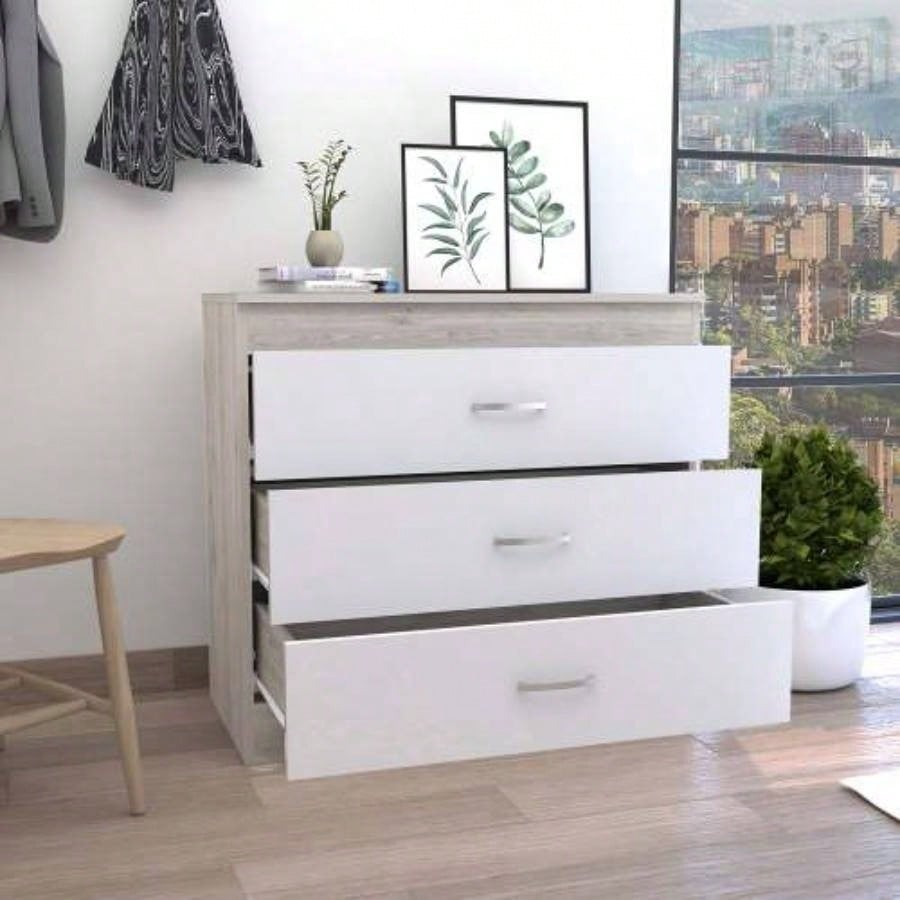 Dresser 29H, Three Drawers, Metal Hardware, Superior Top, Light Gray/ White