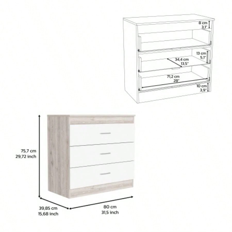 Dresser 29H, Three Drawers, Metal Hardware, Superior Top, Light Gray/ White